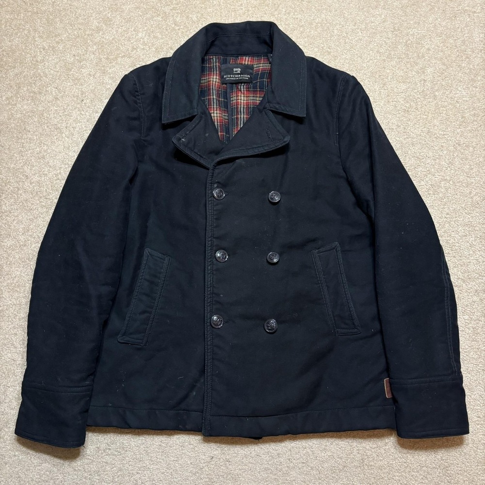 Scotch & Soda Pea Coat Mens Large Navy Cotton Plaid Lined Nautical Canvas Winter